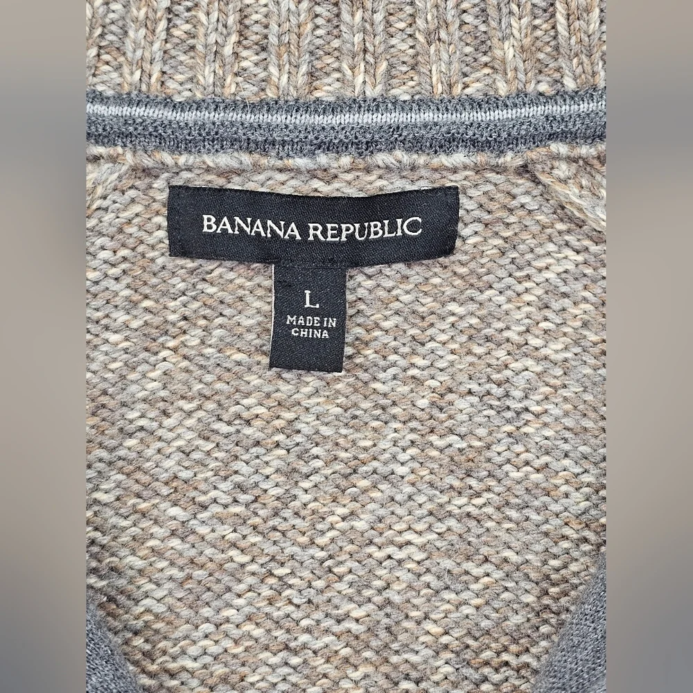 Banana Republic Lambs Wool Blend Variegated Taupe Tan Gray Knit Full Zip Sweater